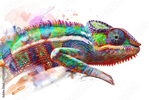 colorful chameleon lizard on white background exotic reptile closeup digital painting