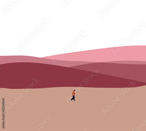 Man walking in pink mountain. Travel active healthy lifestyle summer vacations outdoor alone.