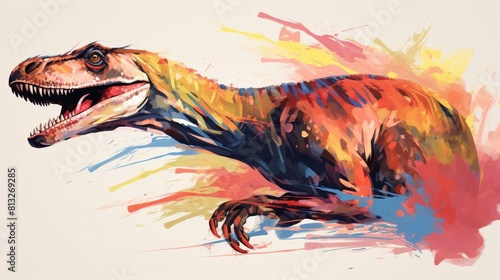 Colorful watercolor painting of a raptor dinosaur.