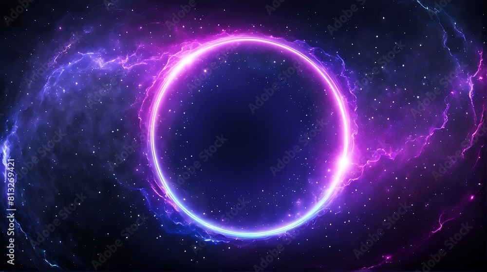 Fototapeta premium pink circle light frame on black background. Pink light effects on round placeholder for your text on dark background. A blue glowing circle. For futuristic or technology-themed designs 