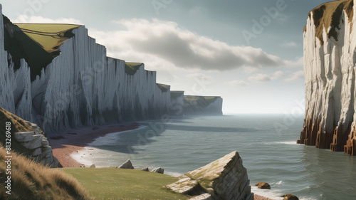 create a captivating background scene, Photorealistic, photoreal, the Cliffs of Dover in the background,