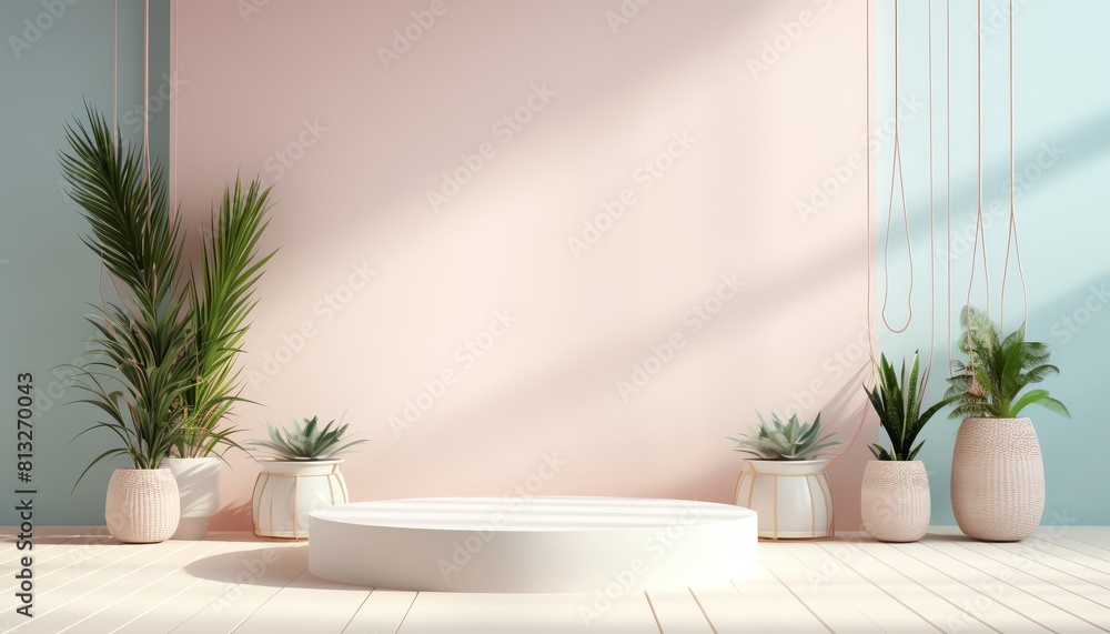 An empty product display with plant pots in pastel color settings. An empty product display with plant pots in pastel color settings.