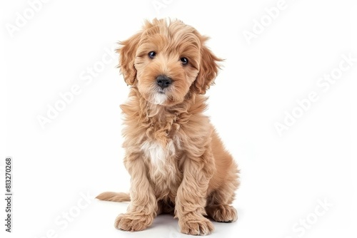 cute labradoodle puppy sitting and looking at camera white background
