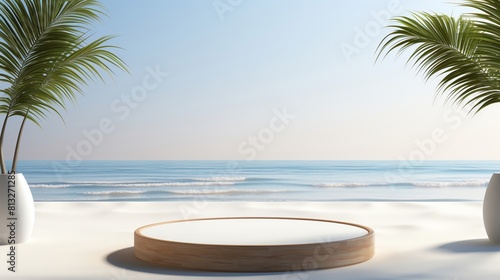 The photo shows a sandy beach with a wooden podium in the foreground and palm trees on both sides. The sea is calm and blue  and the sky is clear.