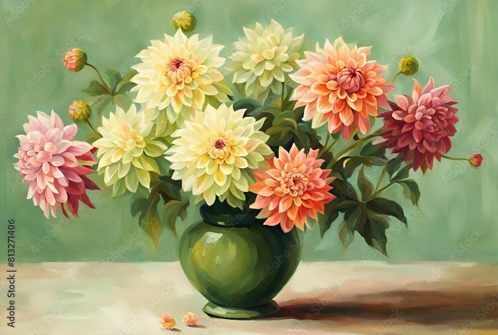 Obraz premium Pink, yellow Dahlia flowers in the vase still life oil painting