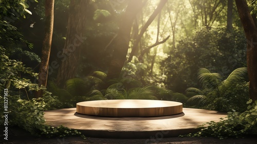 The wooden stage is located in the middle of a dense forest. The sunlight shines through the trees and creates a magical atmosphere.