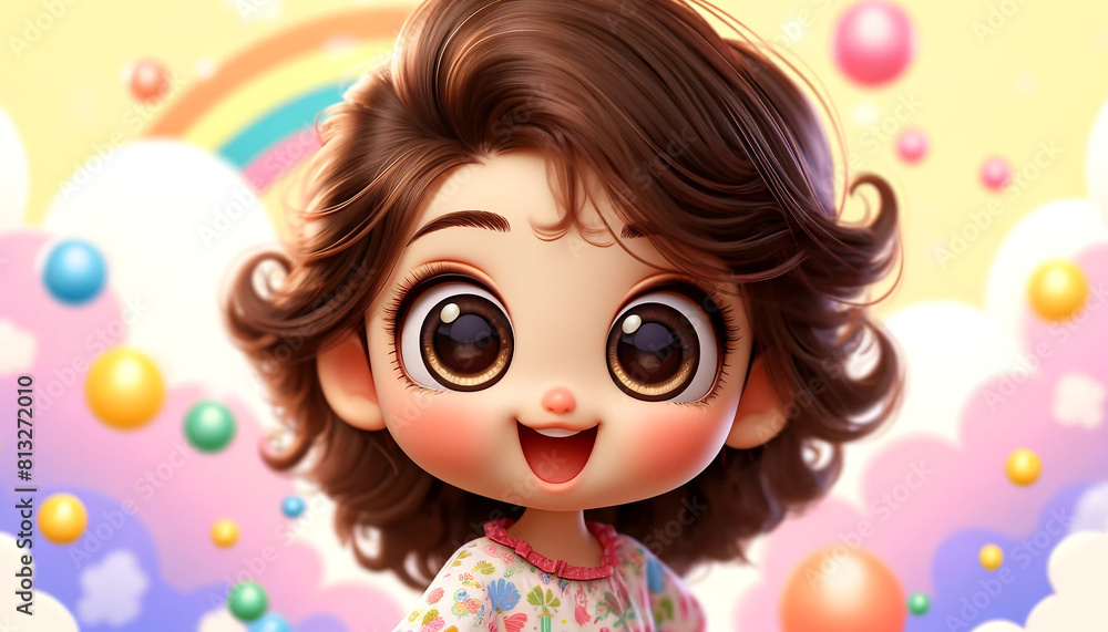 A charming and delightful digital animated young girl with large expressive eyes and a joyful smile. Design. Cover. Wallpaper. A charming and delightful digital animated young girl with large expressive eyes and a joyful smile. Design. Cover. Wallpaper.