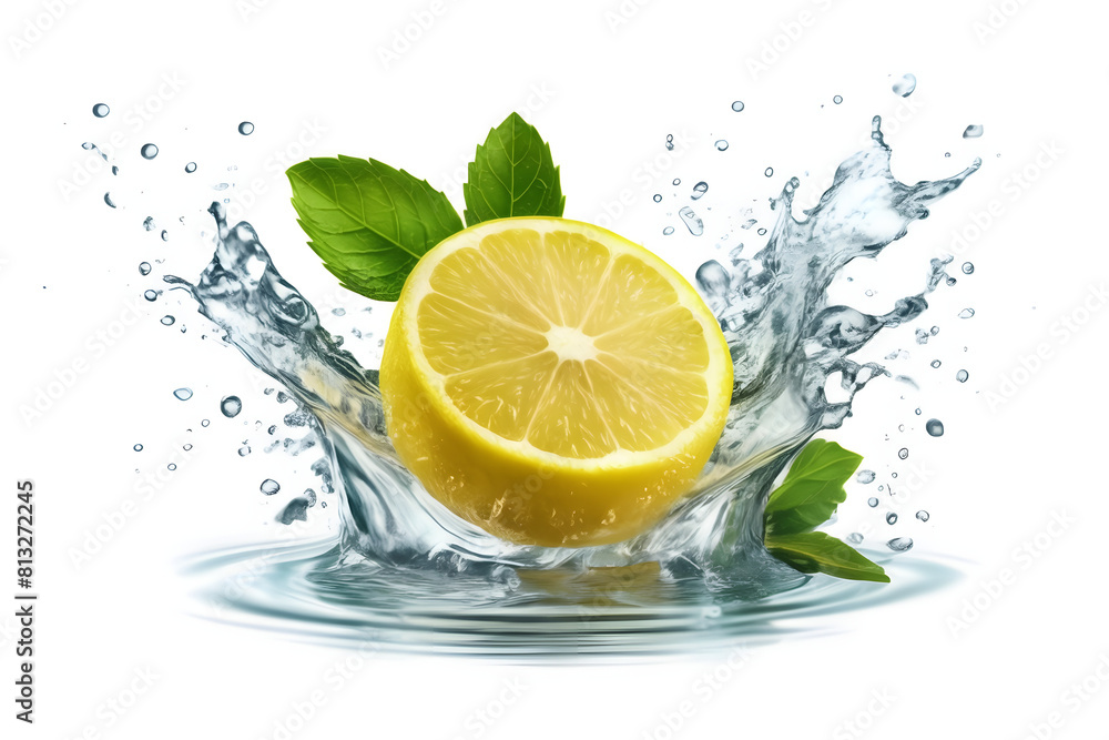 A vibrant lemon water splash isolated on a white transparent background, PNG format. Featuring lemon fruit slices, leaves, and water splashes, with background water waves and citrus pieces and mint A vibrant lemon water splash isolated on a white transparent background, PNG format. Featuring lemon fruit slices, leaves, and water splashes, with background water waves and citrus pieces and mint