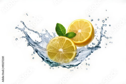 A vibrant lemon water splash isolated on a white transparent background  PNG format. Featuring lemon fruit slices  leaves  and water splashes  with background water waves and citrus pieces and mint