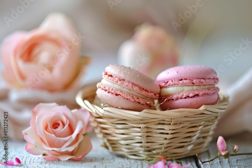 delicate french macarons in romantic basket setting digital food photography © Lucija