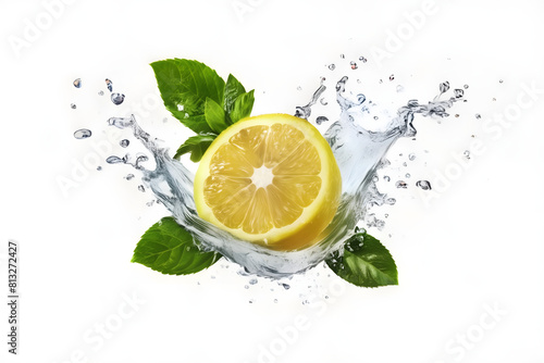 A vibrant lemon water splash isolated on a white transparent background, PNG format. Featuring lemon fruit slices, leaves, and water splashes, with background water waves and citrus pieces and mint