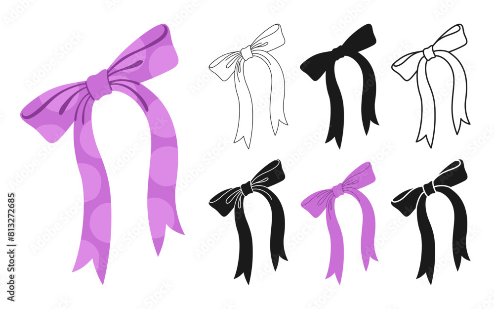 Obraz premium Ribbon bows dotted symbol set. Trendy holiday tape sign for celebrations silhouette, icon linear design. Cute cartoon bow knot gift ribbon party accessory. Glamour hand drawn vector illustration