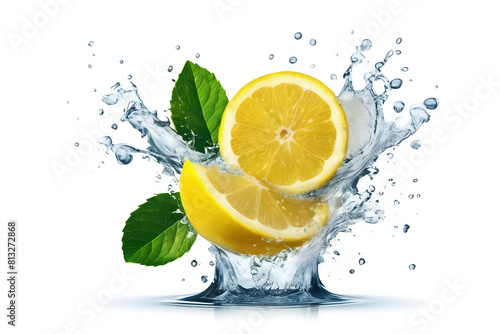 A vibrant lemon water splash isolated on a white transparent background, PNG format. Featuring lemon fruit slices, leaves, and water splashes, with background water waves and citrus pieces and mint