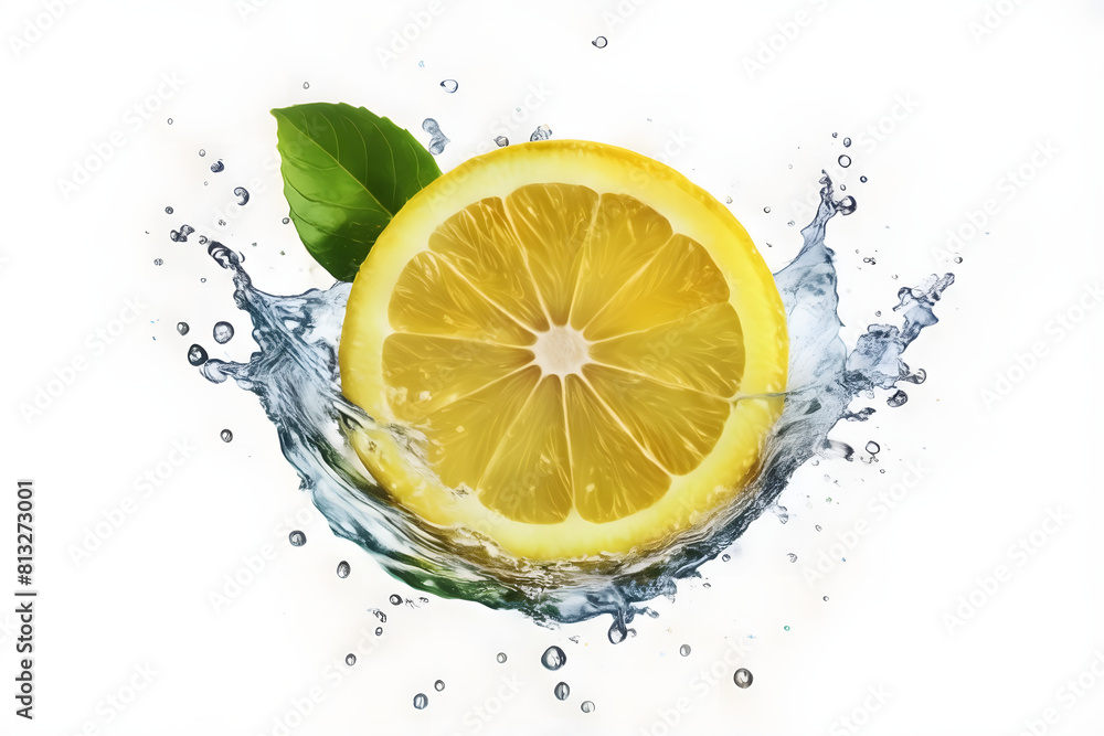 A vibrant lemon water splash isolated on a white transparent background, PNG format. Featuring lemon fruit slices, leaves, and water splashes, with background water waves and citrus pieces and mint A vibrant lemon water splash isolated on a white transparent background, PNG format. Featuring lemon fruit slices, leaves, and water splashes, with background water waves and citrus pieces and mint