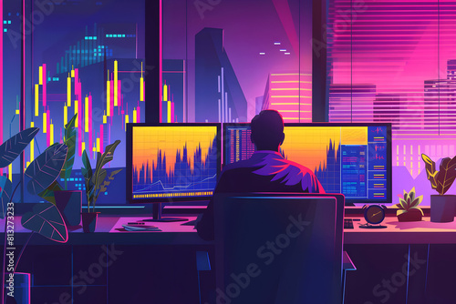 A graphical visualization of a person doing stock market trading with a computer setup