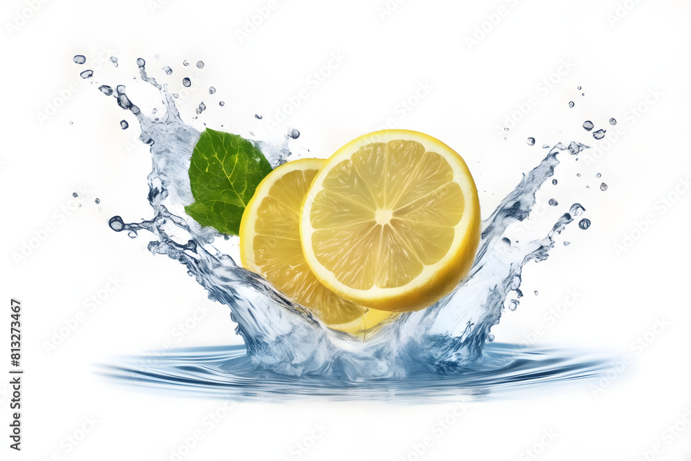A vibrant lemon water splash isolated on a white transparent background, PNG format. Featuring lemon fruit slices, leaves, and water splashes, with background water waves and citrus pieces and mint A vibrant lemon water splash isolated on a white transparent background, PNG format. Featuring lemon fruit slices, leaves, and water splashes, with background water waves and citrus pieces and mint