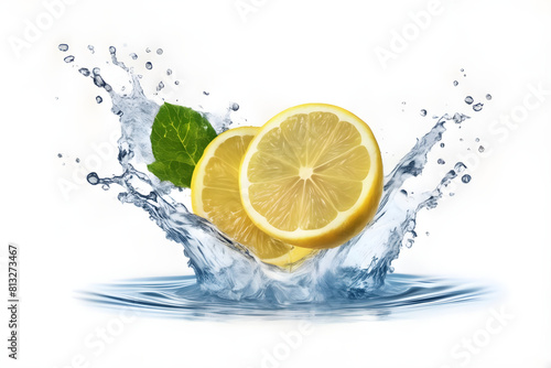 A vibrant lemon water splash isolated on a white transparent background, PNG format. Featuring lemon fruit slices, leaves, and water splashes, with background water waves and citrus pieces and mint