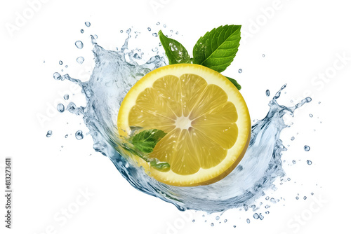 A vibrant lemon water splash isolated on a white transparent background, PNG format. Featuring lemon fruit slices, leaves, and water splashes, with background water waves and citrus pieces and mint