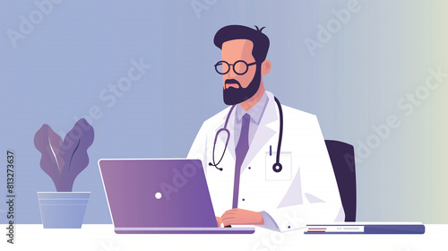 doctor sitting at the desk using laptop for remote consultation, modern digital technology use in medical field 