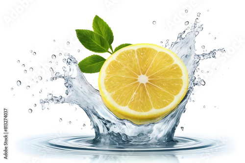 A vibrant lemon water splash isolated on a white transparent background, PNG format. Featuring lemon fruit slices, leaves, and water splashes, with background water waves and citrus pieces and mint