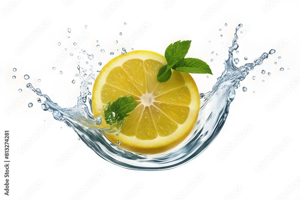 A vibrant lemon water splash isolated on a white transparent background, PNG format. Featuring lemon fruit slices, leaves, and water splashes, with background water waves and citrus pieces and mint A vibrant lemon water splash isolated on a white transparent background, PNG format. Featuring lemon fruit slices, leaves, and water splashes, with background water waves and citrus pieces and mint