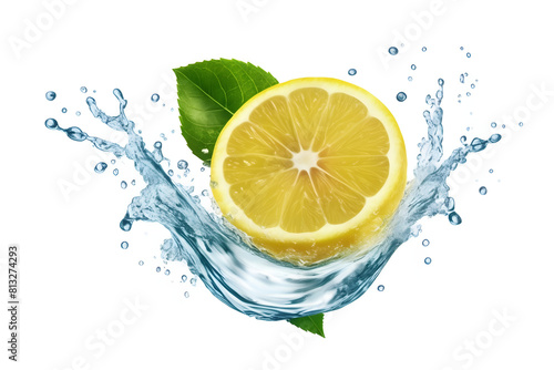 A vibrant lemon water splash isolated on a white transparent background, PNG format. Featuring lemon fruit slices, leaves, and water splashes, with background water waves and citrus pieces and mint