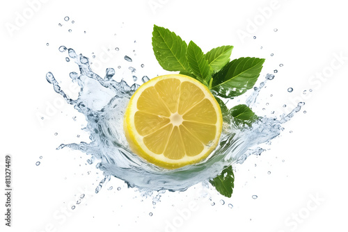 A vibrant lemon water splash isolated on a white transparent background, PNG format. Featuring lemon fruit slices, leaves, and water splashes, with background water waves and citrus pieces and mint