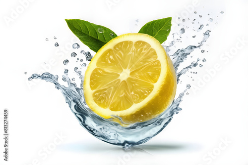 A vibrant lemon water splash isolated on a white transparent background, PNG format. Featuring lemon fruit slices, leaves, and water splashes, with background water waves and citrus pieces and mint