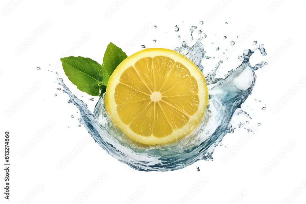 A vibrant lemon water splash isolated on a white transparent background, PNG format. Featuring lemon fruit slices, leaves, and water splashes, with background water waves and citrus pieces and mint A vibrant lemon water splash isolated on a white transparent background, PNG format. Featuring lemon fruit slices, leaves, and water splashes, with background water waves and citrus pieces and mint