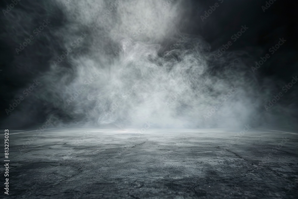 Abstract image of dark room concrete floor. Black room or stage background for product placement.Panoramic view of the abstract fog. White cloudiness, moves on black background   - generative ai