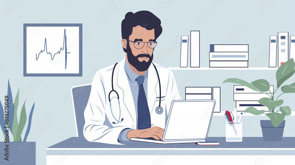 doctor sitting at the desk using laptop for remote consultation, modern digital technology use in medical field doctor sitting at the desk using laptop for remote consultation, modern digital technology use in medical field