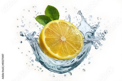 A vibrant lemon water splash isolated on a white transparent background, PNG format. Featuring lemon fruit slices, leaves, and water splashes, with background water waves and citrus pieces and mint