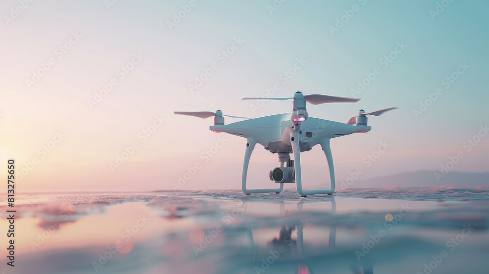Drone hovers above reflective surface at dawn or dusk Drone hovers above reflective surface at dawn or dusk