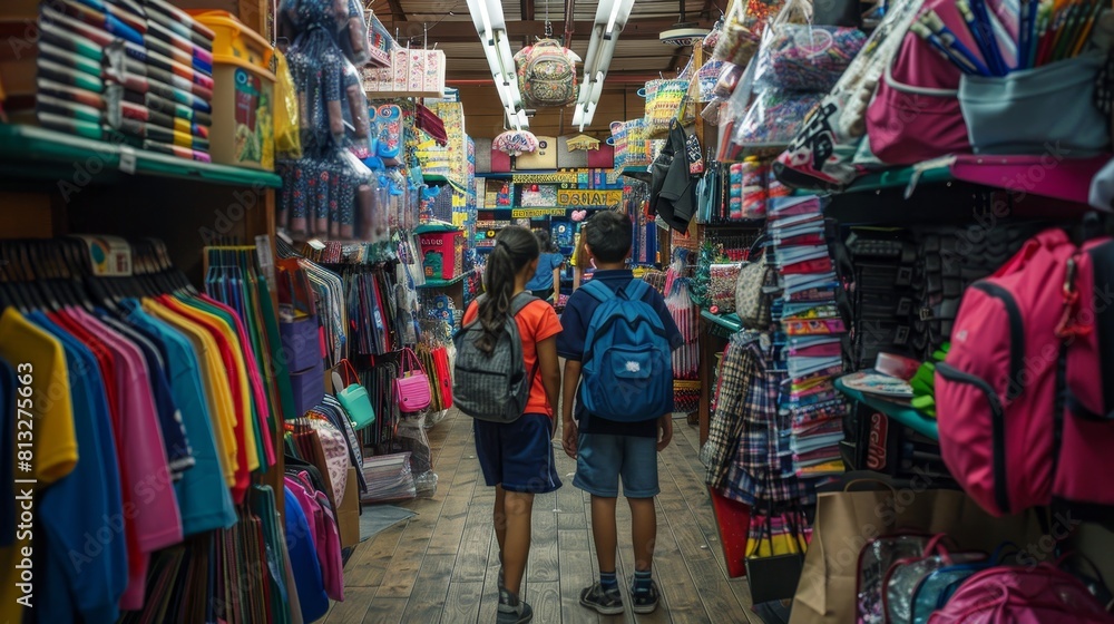 Back-to-school shopping. students prep with colorful supplies, try on uniforms, pick new backpacks
