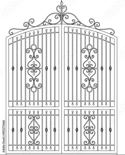 vector illustration, sketch design, old iron fence gate, classic, ethnic, traditional, European model