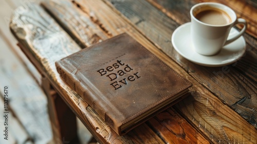 Leather-bound book titled "Best Dad Ever" next to cup of coffee on wooden table