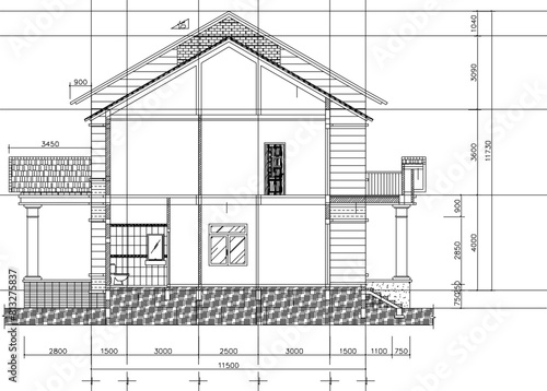 vector illustration, sketch, design, architectural drawing, section of an old, classic, vintage, ethnic house