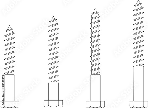vector illustration, sketch, design, detailed drawing, collection of bolt screws
