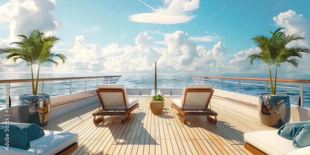 Luxurious deck on yacht with palm trees