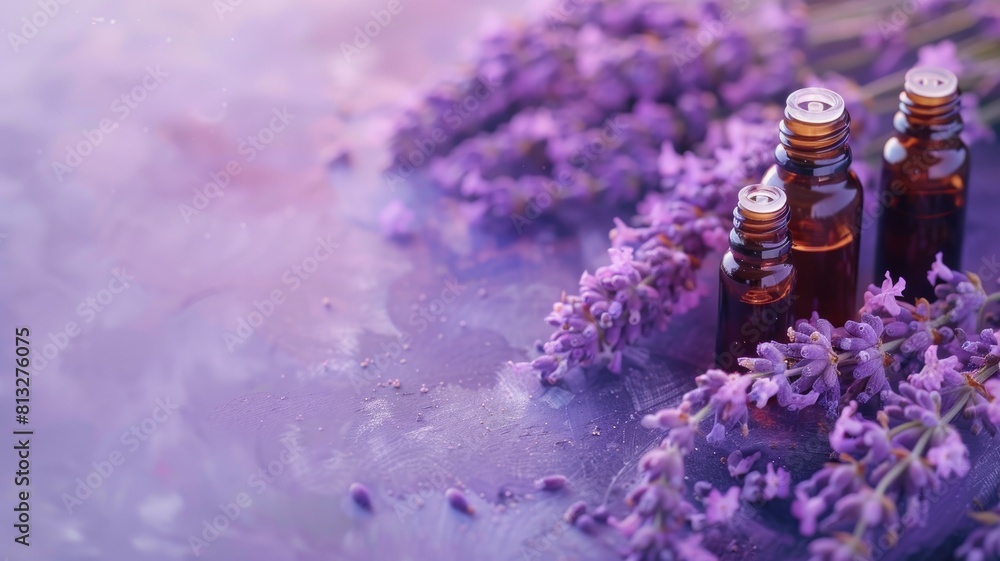 Essential oil bottles with lavender flowers on purple background Essential oil bottles with lavender flowers on purple background