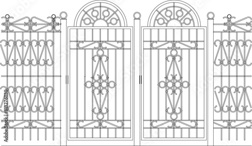 vector illustration, sketch, design, fence gate ornament, old classic vintage ethnic traditional jalousie iron decoration