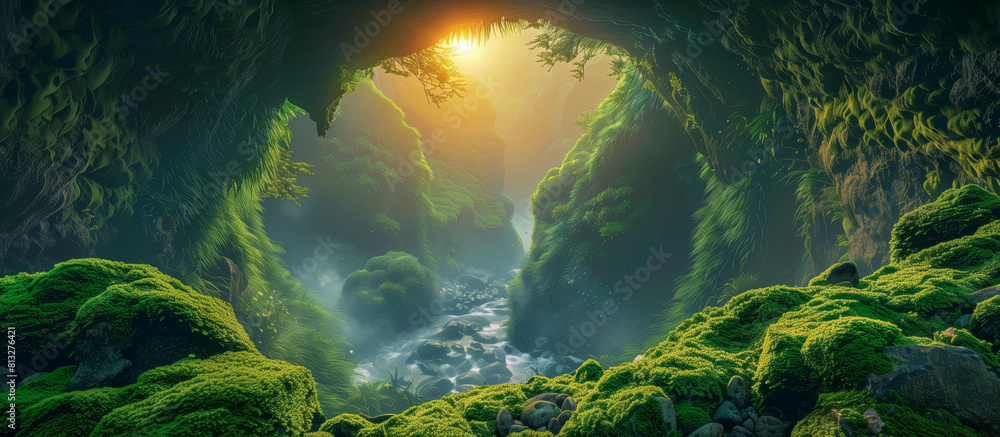 Sunlight Illuminates a Mossy Cave Entrance with a Flowing Stream - Nature's Serenity, Hidden Paradise, Mystical Landscape, Adventure Destination, Tranquil Retreat