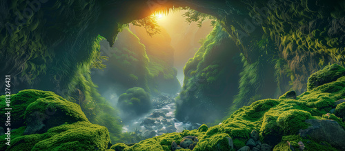 Sunlight Illuminates a Mossy Cave Entrance with a Flowing Stream - Nature s Serenity  Hidden Paradise  Mystical Landscape  Adventure Destination  Tranquil Retreat