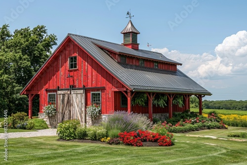 A rustic barn with a red door and a large porch