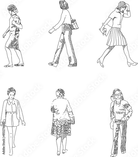 vector illustration sketch design drawing of a fashionable woman doing activities