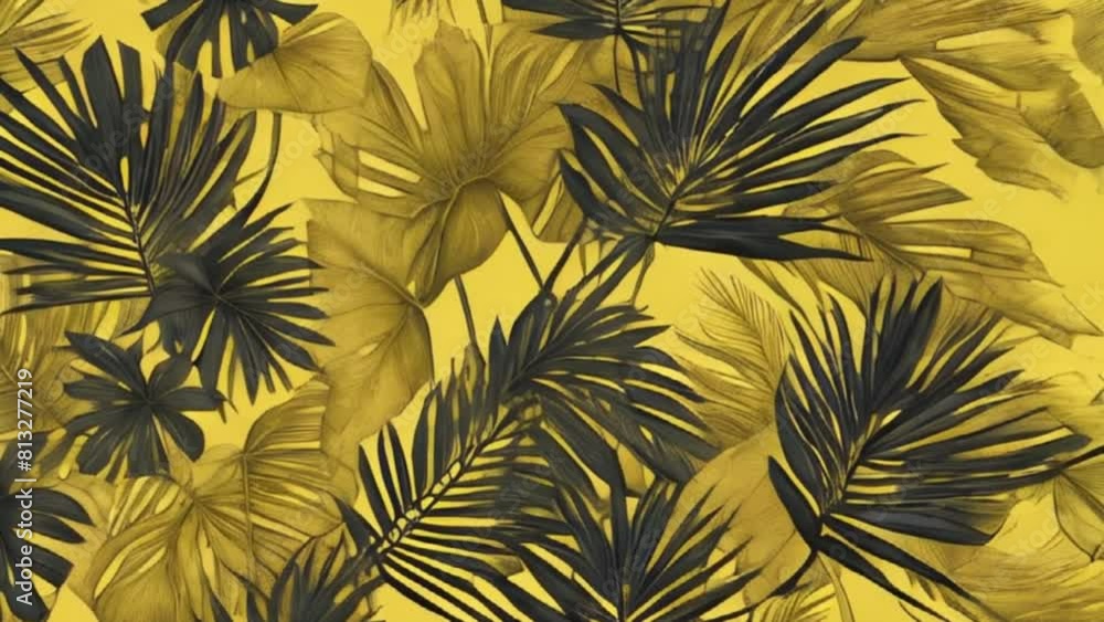 Palm Pattern Yellow with Leaves of jungle Trees, motion Palm Pattern Yellow with Leaves of jungle Trees, motion