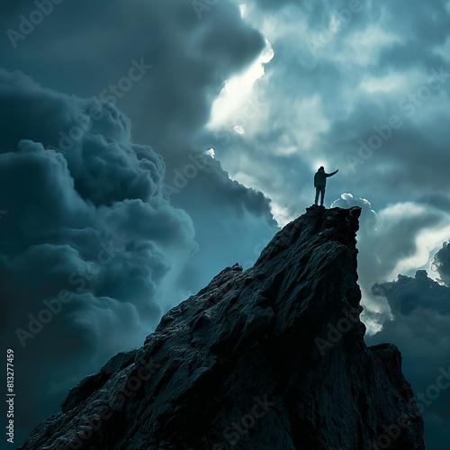 Solitary figure standing atop a rugged peak under tumultuous storm clouds, capturing a moment of triumph and introspection - AI generated © Pukan