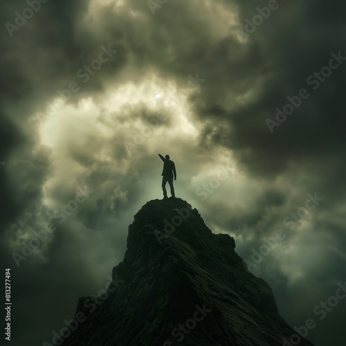 Solitary figure standing atop a rugged peak under tumultuous storm clouds, capturing a moment of triumph and introspection - AI generated