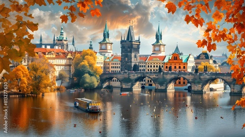 he historic city of Prague, Czech Republic, with its iconic Charles Bridge spanning the Vltava River, framed by colorful autumn foliage and Gothic spires.