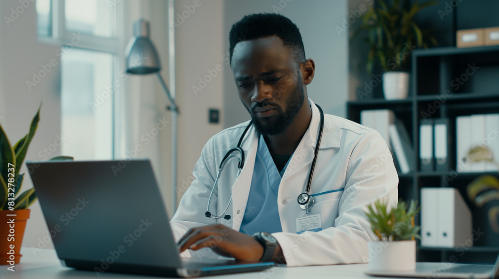 doctor sitting at the desk using laptop for remote consultation, modern digital technology use in medical field doctor sitting at the desk using laptop for remote consultation, modern digital technology use in medical field